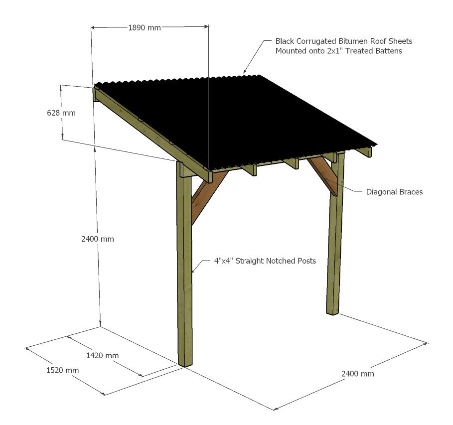 Wooden Lean to Gazebo with Black Corrugated Roof | Brampton Black