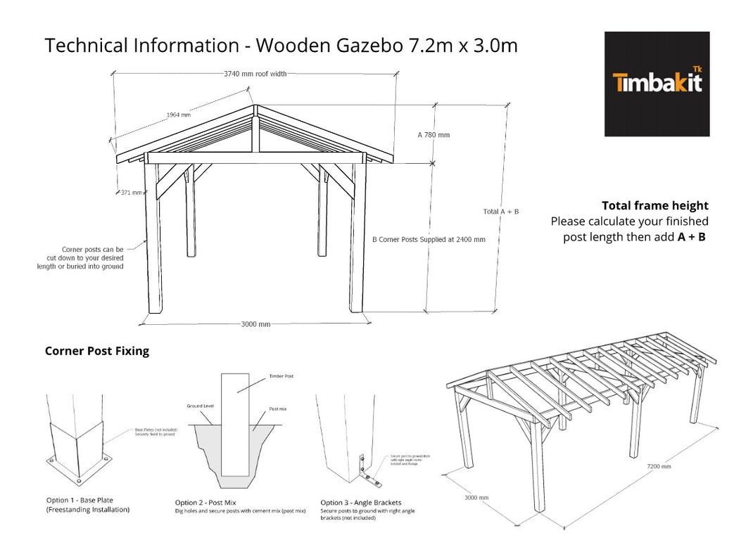 7.2m x 3m Wooden Gazebo - Tanalised Frame