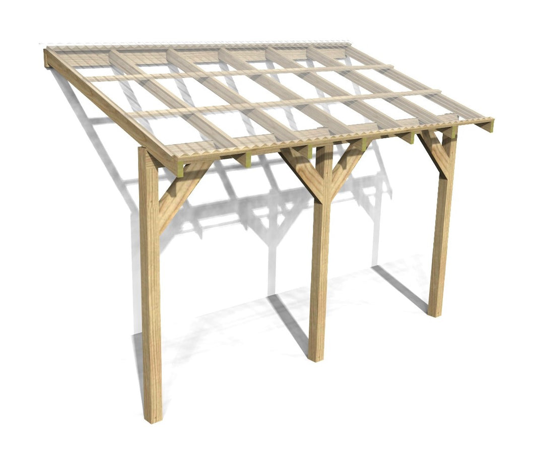 3.6m x 1.52m Wooden Lean to Canopy - Gazebo, Veranda - Frame with Clear Corrugated PVC Roof Kit