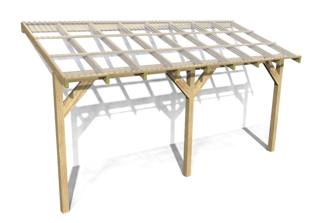 4.8m x 1.52m Wooden Lean to Canopy - Gazebo, Veranda - Frame with Clear Corrugated PVC Roof Kit
