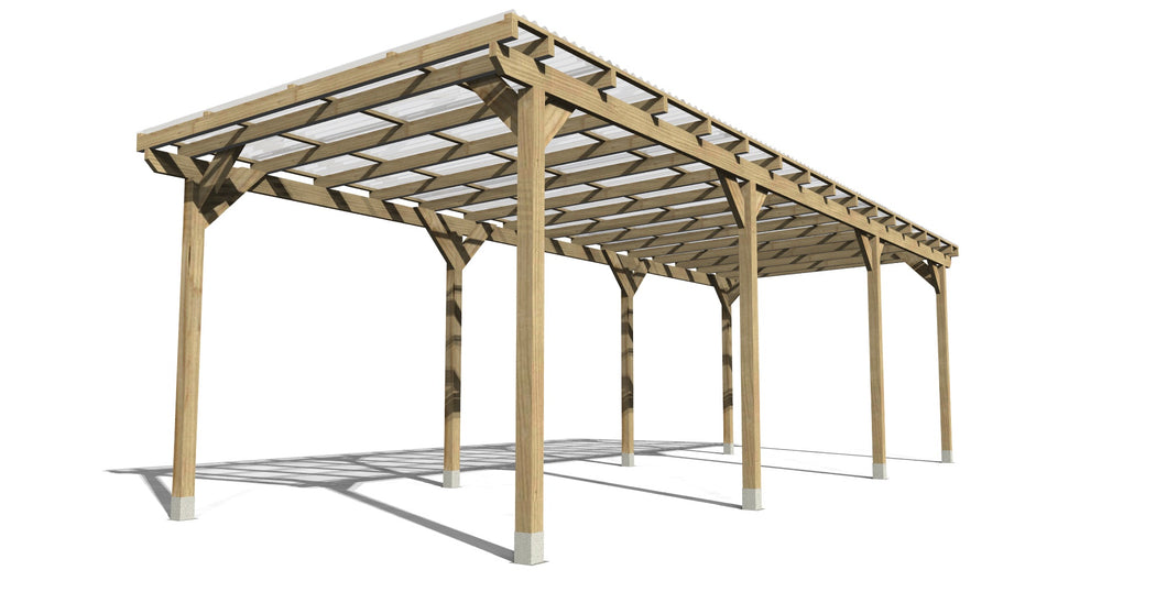 Freestanding Wooden Pergola Car Port Kit 9mtr x 3mtr - Frame Only/Clear PVC Corrugated Roof